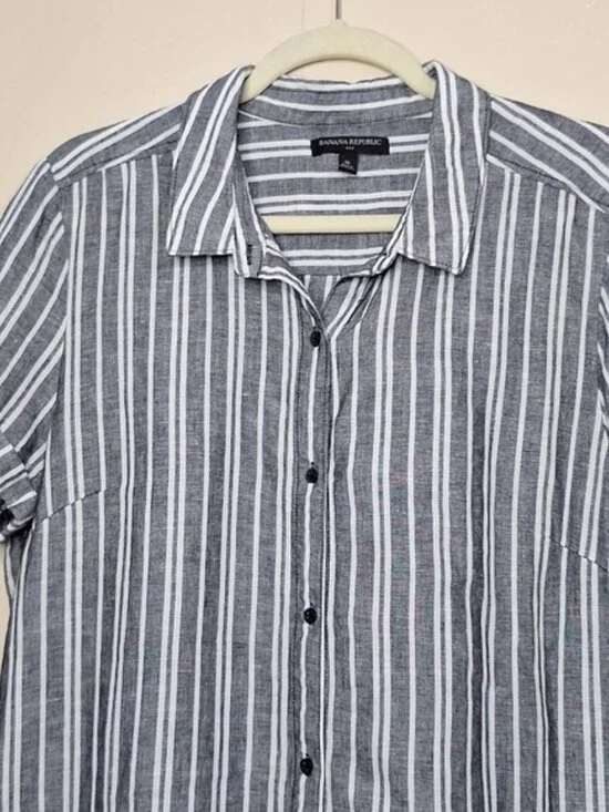 Banana Republic Black White Linen Blend Stripe Midi Shirt Dress Sz 16 pockets - Picture 7 of 10